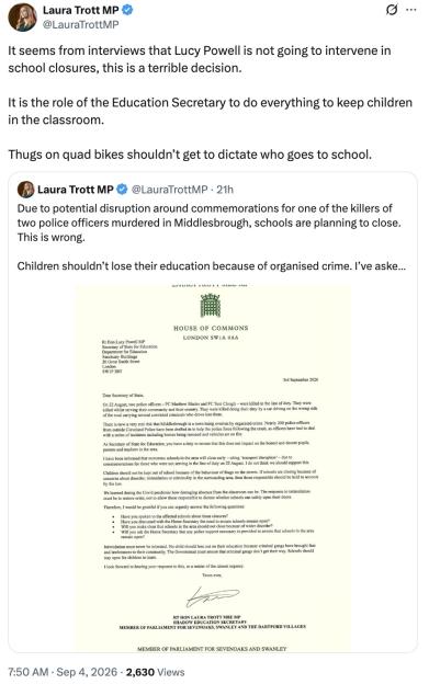 A tweet from Laura Trott MP sharing a letter to Lucy Powell MP about schools closing early in Middlesbrough due to a funeral.