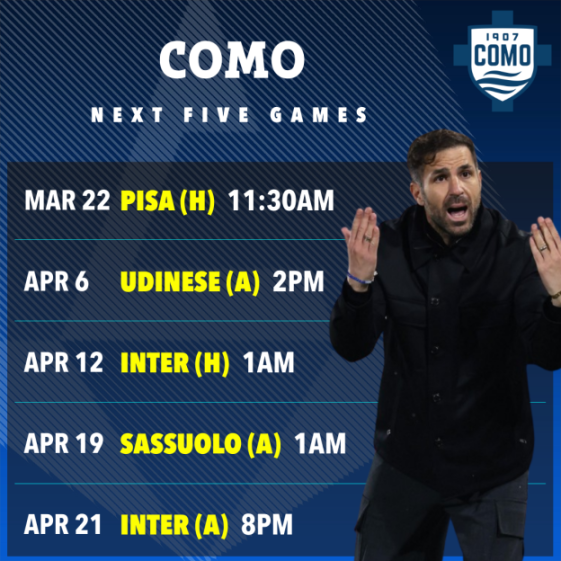Como's next five games list with dates and times.