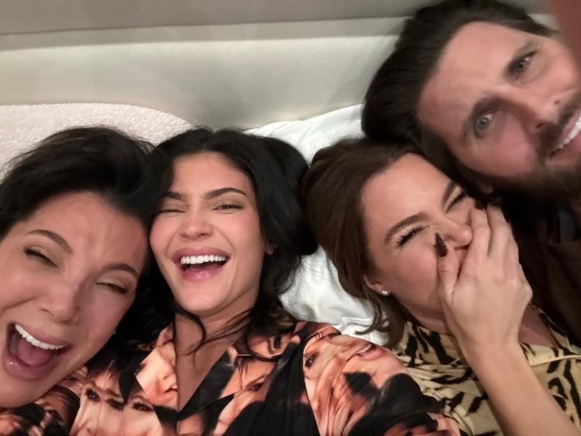 Kylie and Kris Jenner, Scott Disick, and Khloe Kardashian in bed for a sleepover.