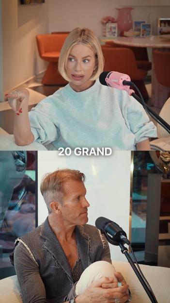 Collage of Caroline Stanbury speaking into a pink microphone with the text "20 GRAND", and a man speaking into a black microphone.