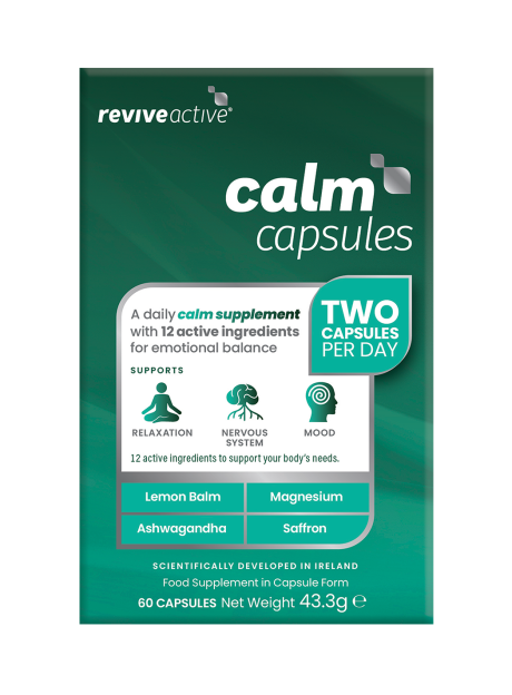 Revive Active Calm Capsules packaging, a daily calm supplement with 12 active ingredients for emotional balance.
