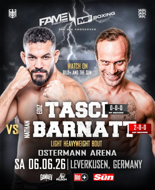 Promotional poster for the FAME Fighting vs MF Boxing "The Big Crossover" event, featuring fighters Ediz Tasci and Nathan Barnatt in a light heavyweight bout in Leverkusen, Germany.