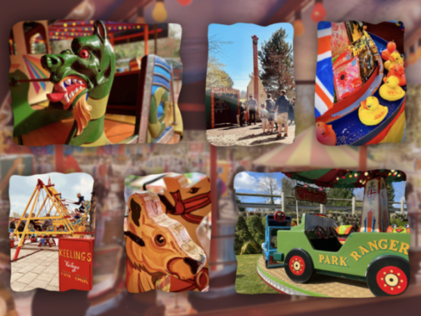 Collage of six images showing various attractions at a vintage fun fair, including a dragon ride, a swing ride, a prize stall, and a duck game.