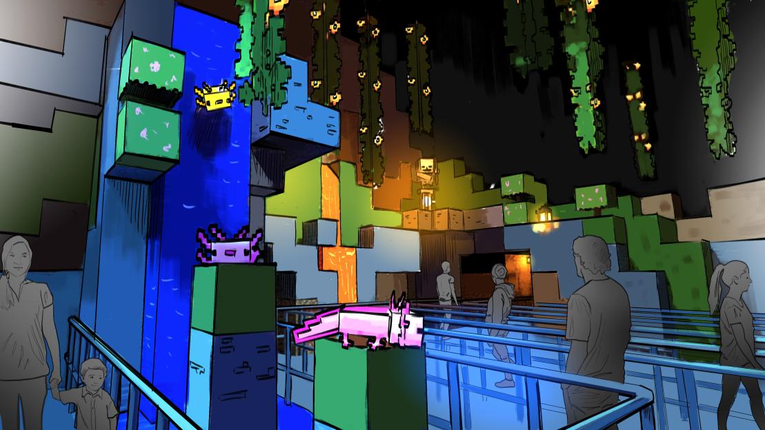 Illustration of people walking through a Minecraft-themed exhibit with pixelated axolotls and blocks.