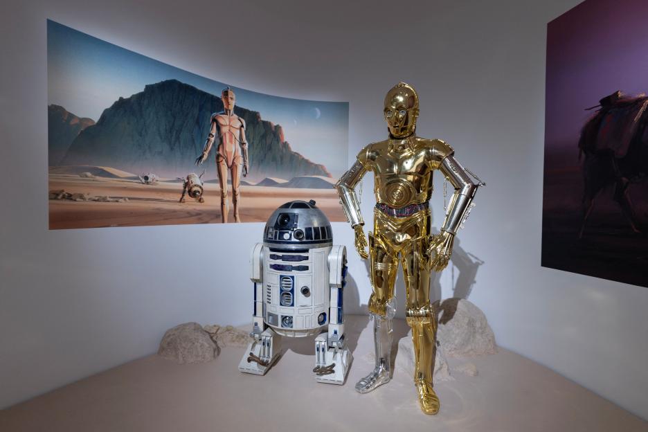 Life-size Star Wars characters C-3PO and R2-D2 on display at the Lucas Museum of Narrative Art.