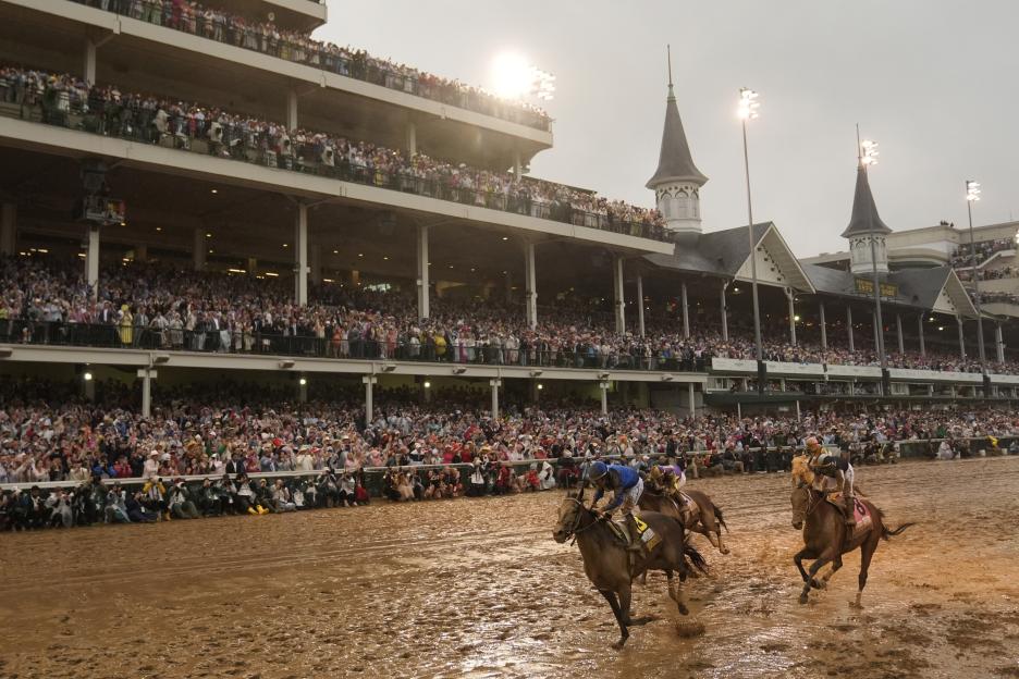 Sovereignty, ridden by Junior Alvarado, crosses the finish line to win the 151st Kentucky Derby at Churchill Downs.