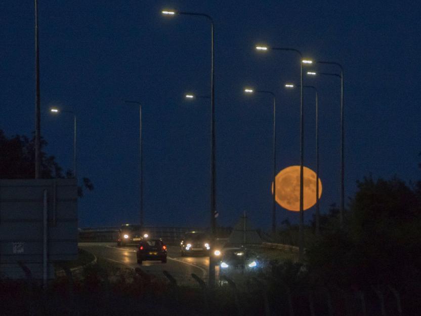 Queenborough, UK. 29th June, 2026. UK Weather: the almost full Strawberry Moon rising over Queenborough, Kent. Credit: James Bell/Alamy Live News