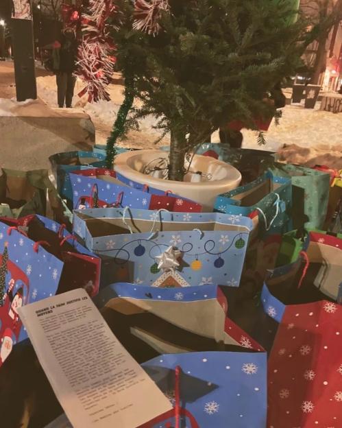 The groceries were left under a public Christmas tree