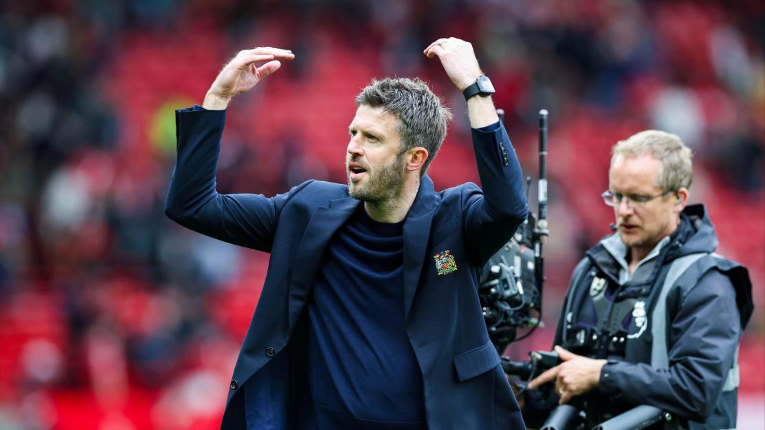 Manchester, UK. 03rd May, 2026. Manchester United head coach Michael Carrick celebrates winning 3-2 with the fans during the Manchester United v Liverpool Premier League match at Old Trafford, Manchester, England on 3 May 2026 Credit: Phil Duncan/Eve