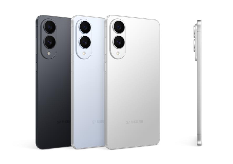 Three Samsung phones in black, light blue, and white, showing a side view of the white phone.