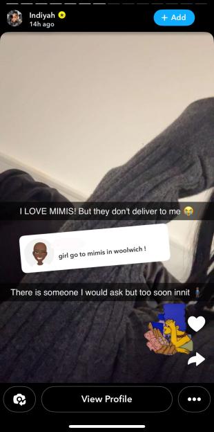 A social media post with a caption about not getting food delivered, a comment suggesting a place in Woolwich, and an image of Marge Simpson.