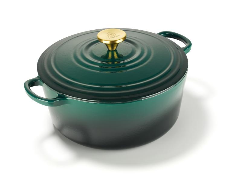 A Habitat brand dark green enamel Dutch oven with a matching lid and a brass knob.