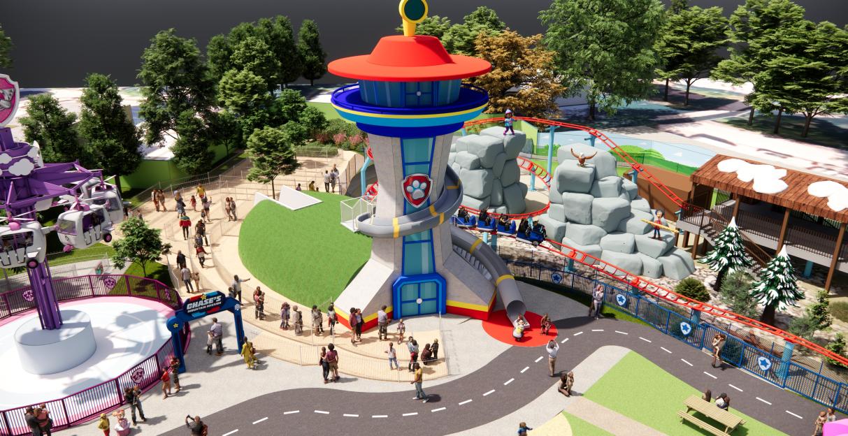 Illustration of an aerial view of a Paw Patrol themed amusement park with a central lookout tower, a rollercoaster, a helicopter ride, and people enjoying the attractions.