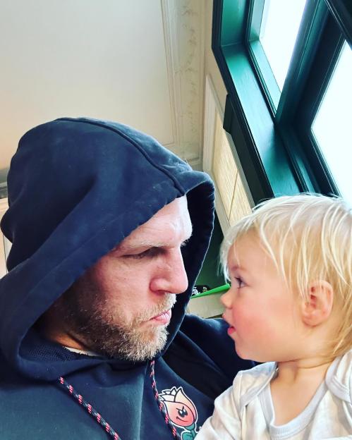James Haskell looking at his daughter.