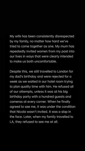 Text on a black background, detailing an individual's account of family estrangement, highlighting disrespect towards their wife and refusal of their attempts to reconcile.
