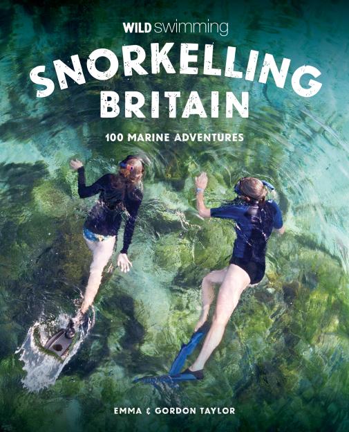 Book cover for "Wild Swimming Snorkelling Britain" showing two people snorkeling over green seaweed.