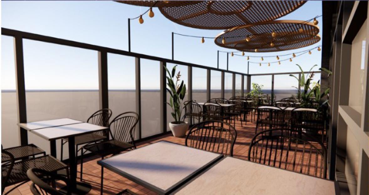 Illustration of an outdoor terrace with tables and chairs, under a clear sky and string lights.