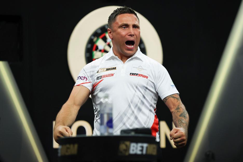 Gerwyn Price reacting during his semi-final match against Luke Littler at the 2026 BetMGM Premier League Darts Final.