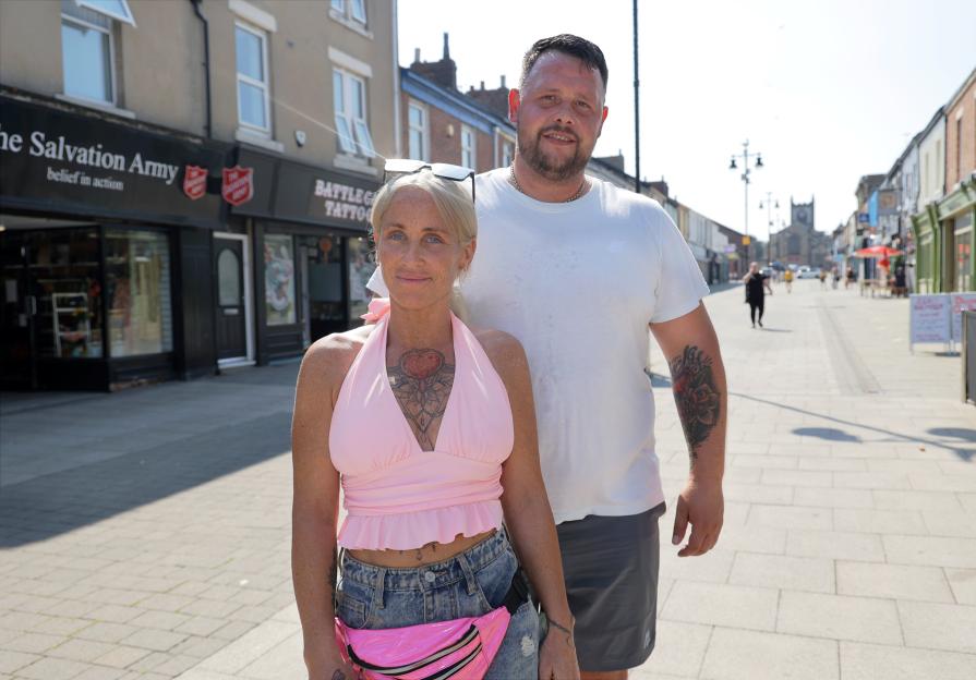 Krystal Fulton and former addict Daniel Hart standing on a sidewalk in Seaham.
