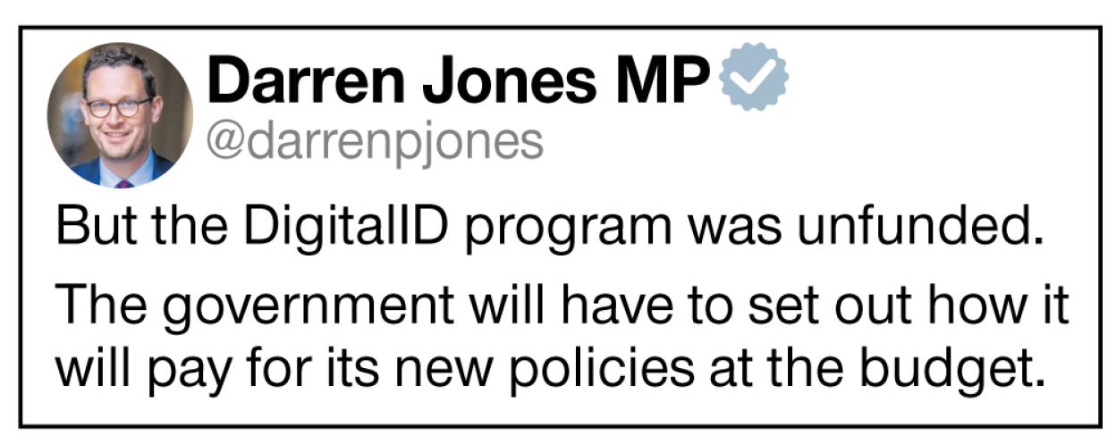 Screenshot of a tweet from Darren Jones MP stating, "But the DigitalID program was unfunded. The government will have to set out how it will pay for its new policies at the budget."