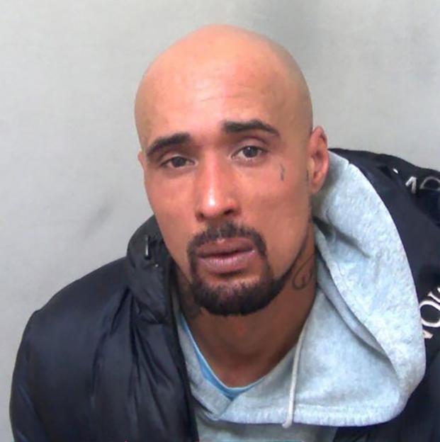 Mugshot of Ashley Warren, a bald man with a goatee.