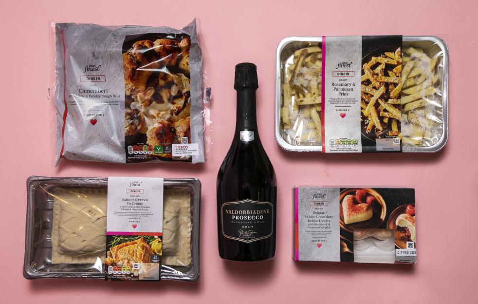 Tesco Finest Valentine's Day meal deal with a bottle of Valdobbiadene Prosecco, salmon and prawn en croute, camembert with dough balls, rosemary and parmesan fries, and Belgian white chocolate delice hearts.