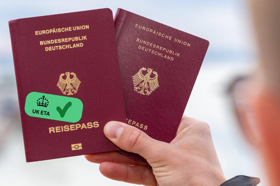 Photomontage of a hand holding two German passports, one with a green UK ETA symbol.