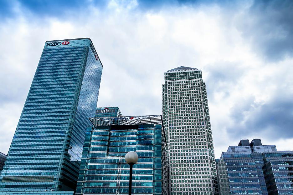 HSBC, Citi, JP Morgan, KPMG, and Barclays buildings in London's Canary Wharf.