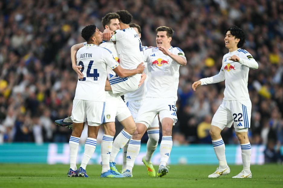 Leeds, England, 1st May 2026. Anton Stach of Leeds United celebrates scoring the opening goal of the game for his side with team mates during the Leeds United vs Burnley Premier League match at Elland Road, Leeds. Picture credit should read: Harrie