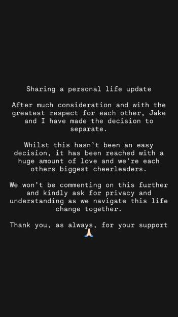 Statement from Alexis Warr Burton announcing separation from Jake.