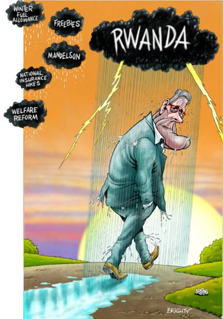 Illustration of a man in a suit being rained on by a cloud labeled "RWANDA" with other storm clouds nearby labeled "WINTER FUEL ALLOWANCE," "FREEBIES," "MANDELSON," "NATIONAL INSURANCE HIKES," and "WELFARE REFORM."
