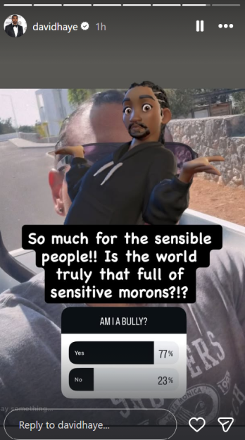 Illustration of a 3D avatar with big eyes shrugging, overlaying a background of a man in a car, with the text "So much for the sensible people!! Is the world truly that full of sensitive morons?!?" and a poll showing "Yes 77%" and "No 23%" to the question "AM I A BULLY?".