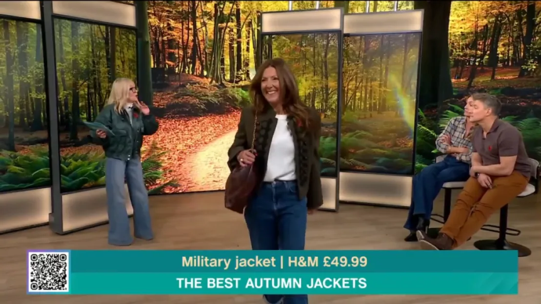 Tracey Sugg modelling an H&M military jacket on This Morning.
