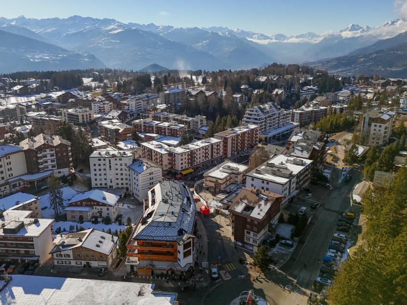 A drone view shows "Le Constellation" bar, after a deadly fire and explosion during a New Year's Eve party in the upscale ski resort of Crans-Montana