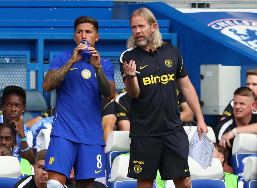 London, UK. 15th Aug, 2026. LONDON, ENGLAND, AUGUST 15: Enzo Fernandez of Chelsea chats with Set-piece coach Austin MacPhee during the Pre Season Friendly match between Chelsea v Real Sociedad at Stamford Bridge Stadium, London on 15 August. (Photo b