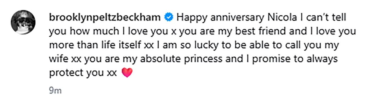 Brooklyn Peltz Beckham's Instagram post wishing Nicola Peltz Beckham a happy anniversary.