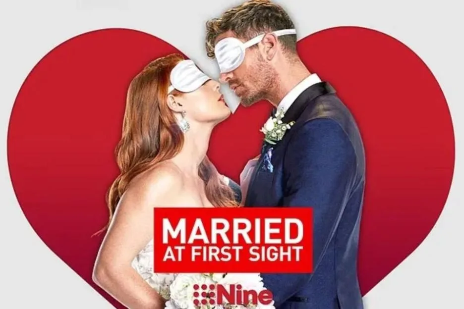 An image collage containing 1 images, Image 1 shows A bride and groom wearing blindfolds, about to kiss, with text "MARRIED AT FIRST SIGHT"