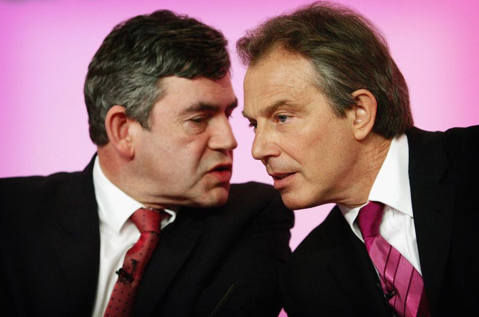 Prime Minister Tony Blair and Chancellor Gordon Brown at a press conference.