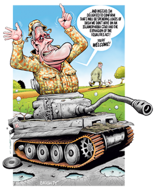 Illustration of Rod Liddle's upper body wearing camouflage emerging from a tank, with a speech bubble saying he will spend "loads of dosh we don't have" on an Islamophobia Czar and the Equalities Act.