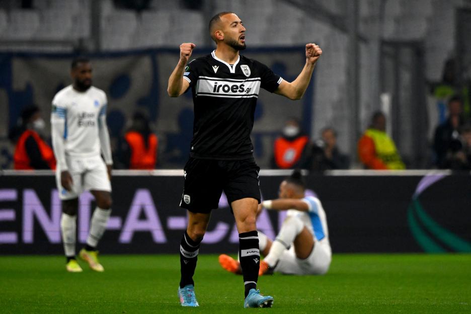PAOK's Moroccan midfielder Omar El Kaddouri celebrates after scoring a goal during a UEFA Europa Conference League match.