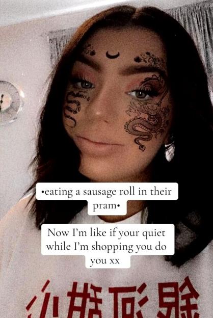 A woman with dark hair and dragon face paint posing for a selfie, with text overlayed about parenting.