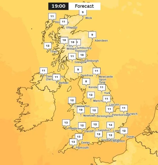 Weather forecast map of the UK at 19:00 showing temperatures ranging from 8 to 14 degrees Celsius.