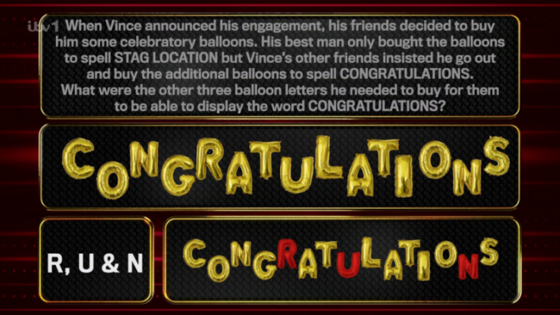 A multiple-choice question asking what three letters are needed to complete the word "CONGRATULATIONS," with the answer R, U, and N.