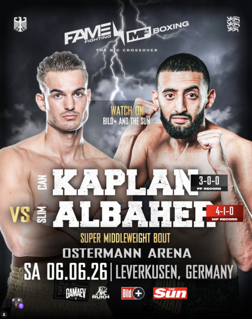 Illustration of a boxing poster for a fight between Kaplan and Albaher, with lightning in the background.