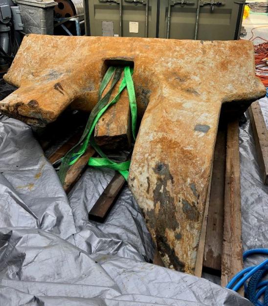 An anchor recovered from a 3-metre deep mudhole is pictured in Helsinki