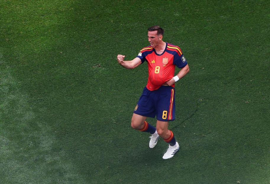 Los Angeles, USA. 10th July, 2026. Fabian Ruiz of Spain celebrates scoring during the quarter final match between Spain and Belgium at the 2026 FIFA World Cup at Los Angeles Stadium in Los Angeles, the United States, July 10, 2026. Credit: Mao Siqian