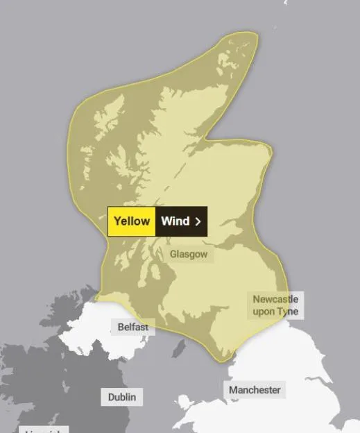 A weather map illustrating a yellow wind warning covering Scotland.