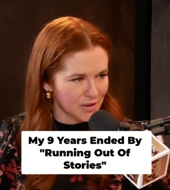Woman with red hair speaks into a microphone, with text overlay: "My 9 Years Ended By 'Running Out Of Stories'".