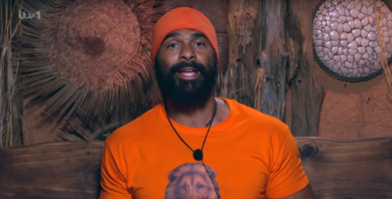 A man with a beard wearing an orange hat and shirt with a lion graphic.