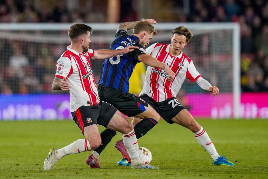 Southampton, UK. 13th May, 2026. Southampton defender Ryan Manning (3) and Southampton midfielder Caspar Jander (20) tackle Middlesbrough midfielder Riley McGree (8) during the Southampton v Middlesbrough EFL Sky Bet Championship Play-Off Semi-Final
